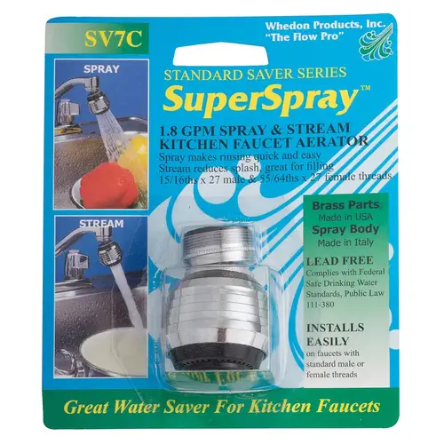 Whedon 4600177 Swivel Sprayrator SuperSpray Dual Thread 15/16"- 27M x 55/64"-27F Chrome Plated Chrome Plated