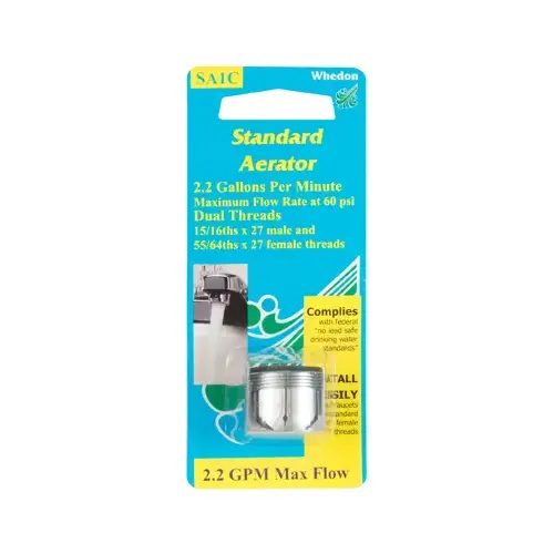 Whedon SA1C Faucet Aerator, 15/16-27 x 55/64-27 Male x Female Thread, Brass, 2.2 gpm Chrome