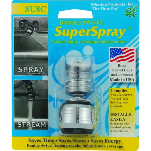 Whedon SU8C Faucet Aerator, 15/16-27 x 55/64-27 Male x Female Thread, Brass, Chrome Plated
