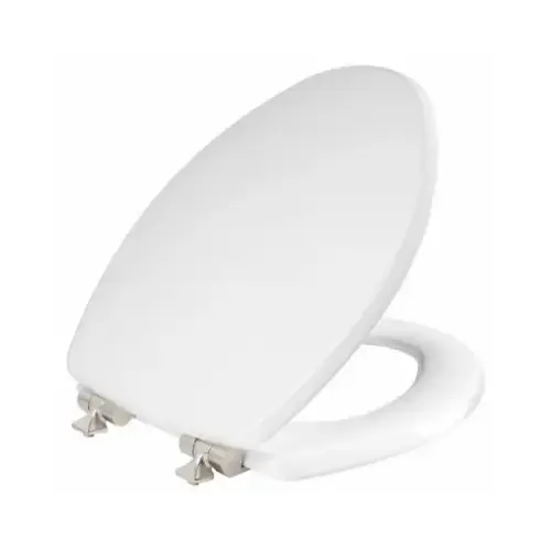 BEMIS 126NISLA 000 Elongated Wood Toilet Seat, White Enamel, Never Loosens, Slow-Close Brushed Nickel Hinge