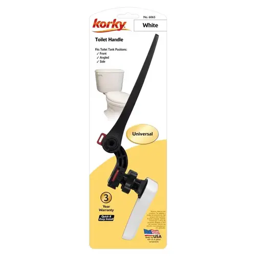 Korky 6065BP Toilet Flush Handle, Front, Neo-Angle, Side Mounting, 8 in L Flush Arm, Metal/Plastic White