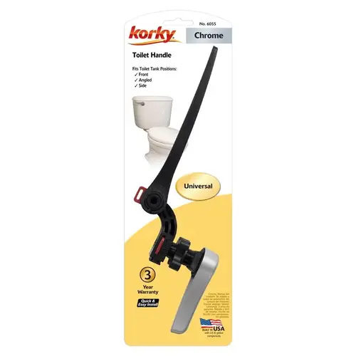 Korky 6055BP Toilet Flush Handle, Front, Neo-Angle, Side Mounting, 8 in L Flush Arm, Metal/Plastic, Chrome