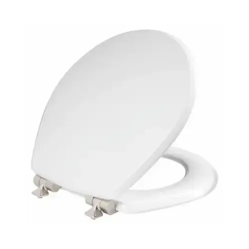 BEMIS 26NISLA 000 Round Wood Toilet Seat, White Enamel, Never Loosens, Slow-Close Brushed Nickel Hinge