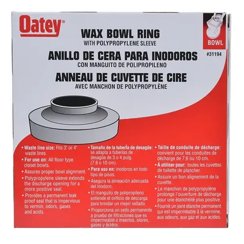 Oatey 31194 Wax Bowl Ring, For: 3 in or 4 in Waste Lines