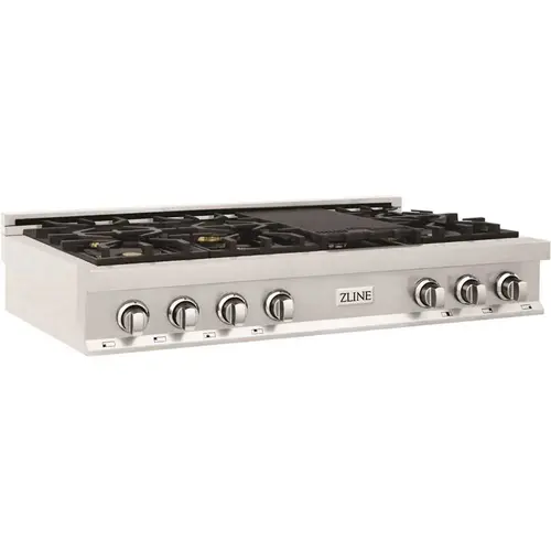 ZLINE Kitchen and Bath RT-BR-48 48 in. 7 Burner Front Control Gas Cooktop with Brass Burners in Stainless Steel with Griddle