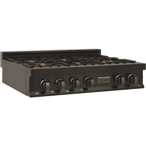 ZLINE Kitchen and Bath RTB-BR-36 36 in. 6 Burner Front Control Gas Cooktop with Brass Burners in Black Stainless Steel