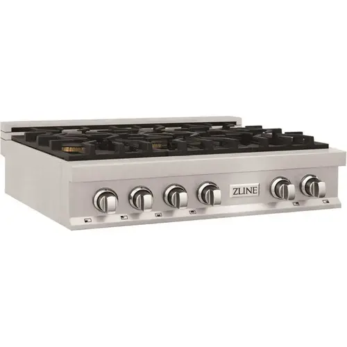 ZLINE Kitchen and Bath RTS-BR-36 36 in. 6 Burner Front Control Porcelain Gas Cooktop with Brass Burners in Fingerprint Resistant Stainless Steel